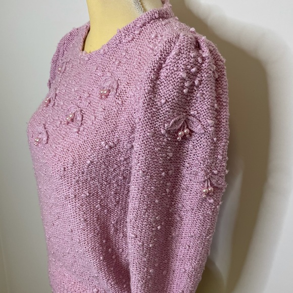 Vintage LeRoy Sweater 80's Cherry Pearl Small Pink Bobble Girly Retro 3/4 Sleeve - Picture 5 of 12
